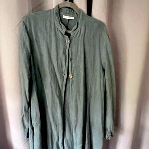 BRYN WALKER Chambray Mother of Pearl Button Midi Dress - Pointed Angled Sides